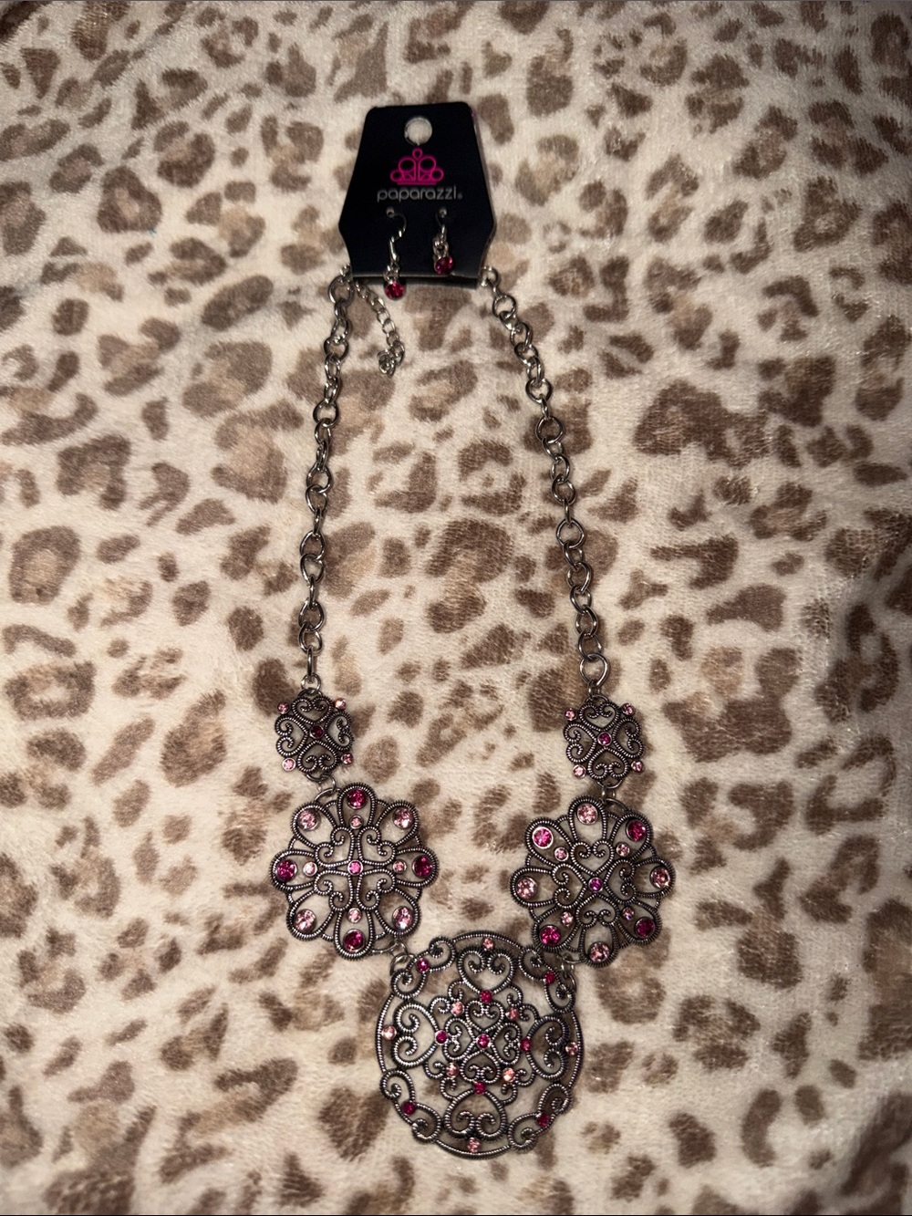 paparazzi Silver-Tone Filigree Necklace with Pink Gems